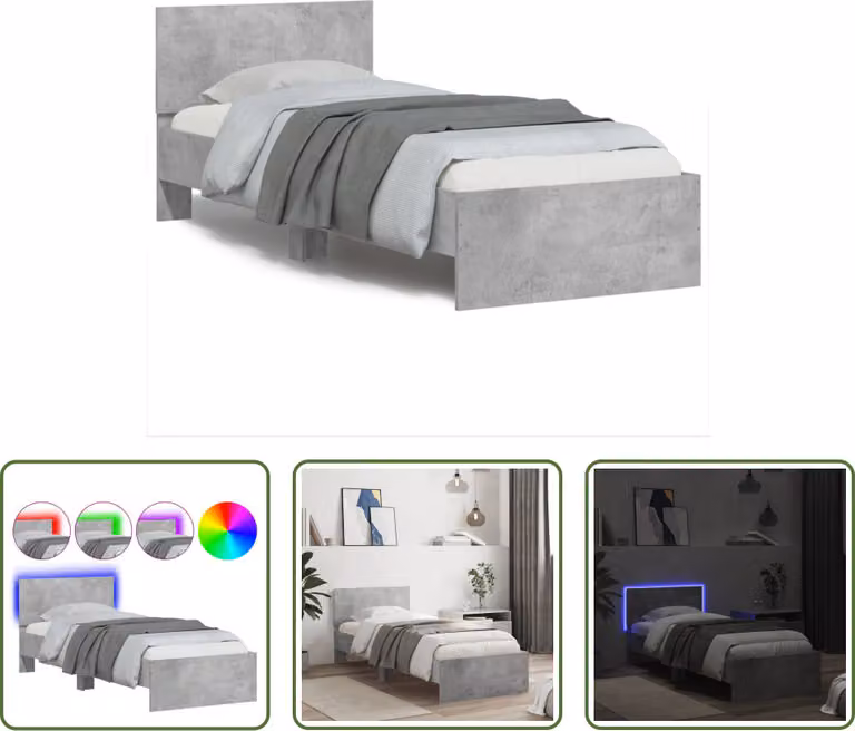 The Living Store Struttura letto con testiera e luci LED grigio cemento 90x200 cm