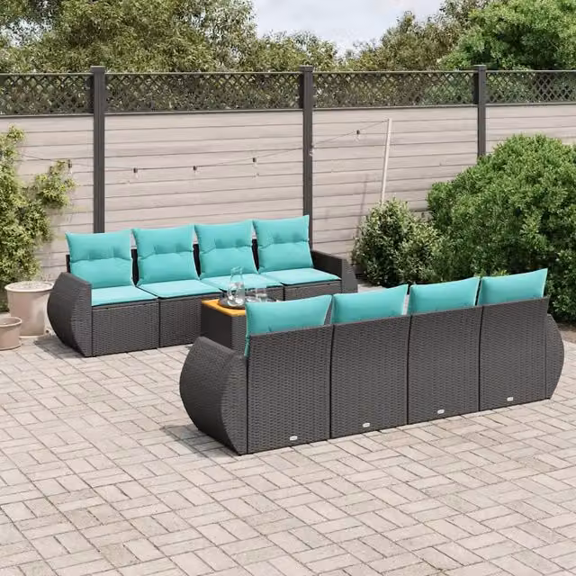 Set Divani da Giardino 9 pz con Cuscini Nero in Polyrattan 3224923