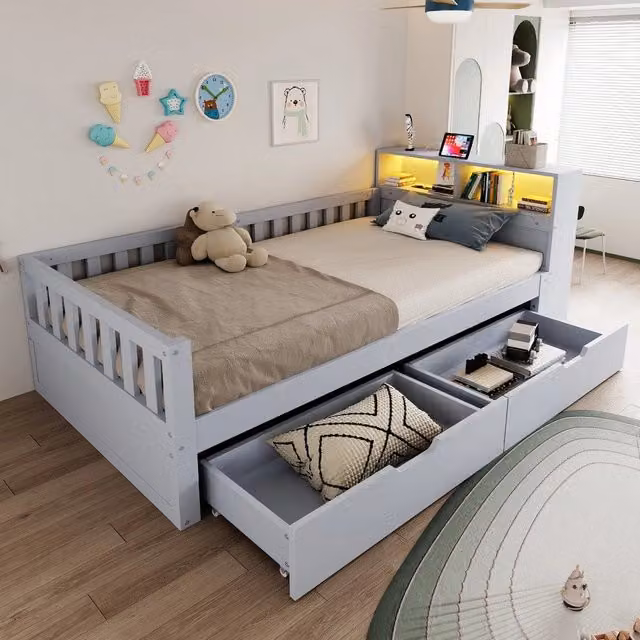 Letto singolo con cassetti e LED ¨C Minimal ¨C Grigio legno 90x200 cm