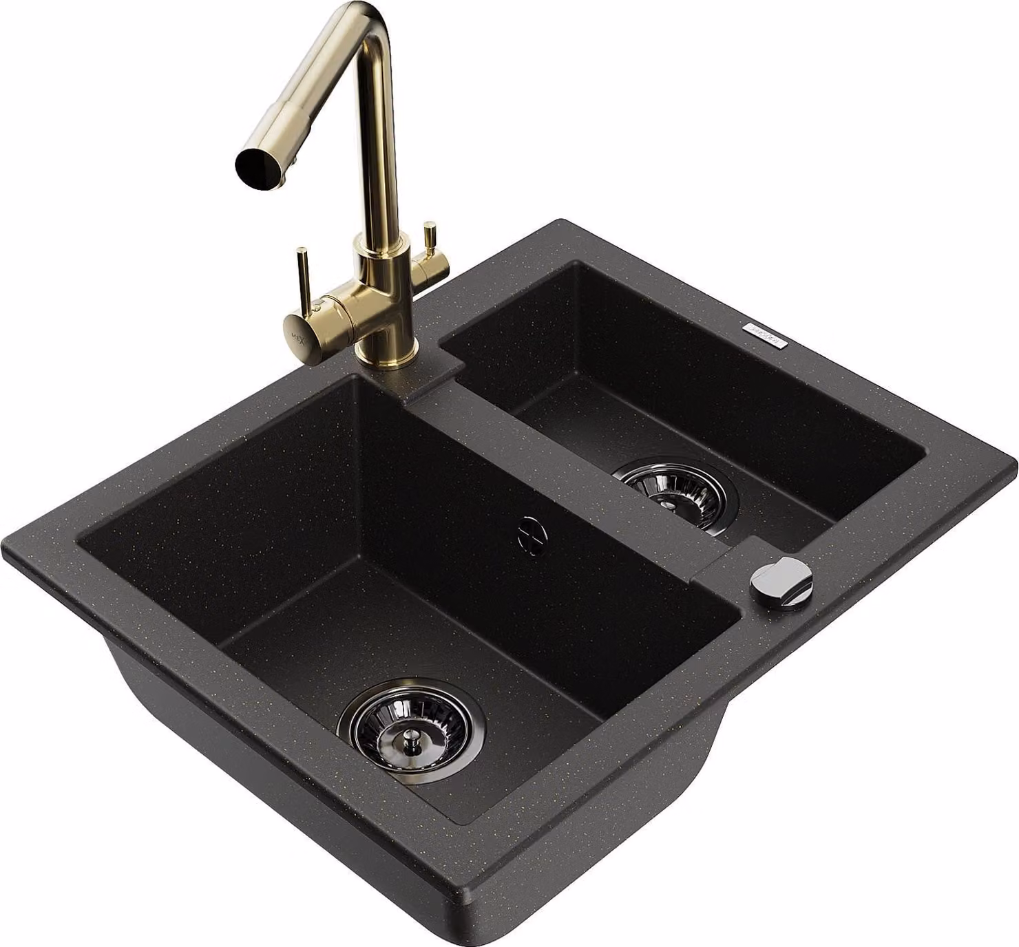 Mexen Carlos lavello da cucina in granito con 1,5 vasche e rubinetto Duero, nero/oro metallizzato - 6518-75-671600-50-B