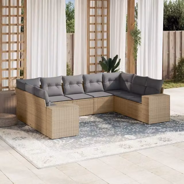 Set Divano da Giardino VIDAXL in Polyrattan con Cuscini Beige, 9 Pezzi – 1