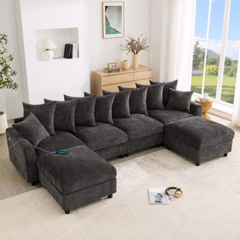 Divano angolare modulare a forma di U, 6 posti, con 2 poggiapiedi, porta USB di tipo C, divano in chenille con molle insacchettate, colore grigio