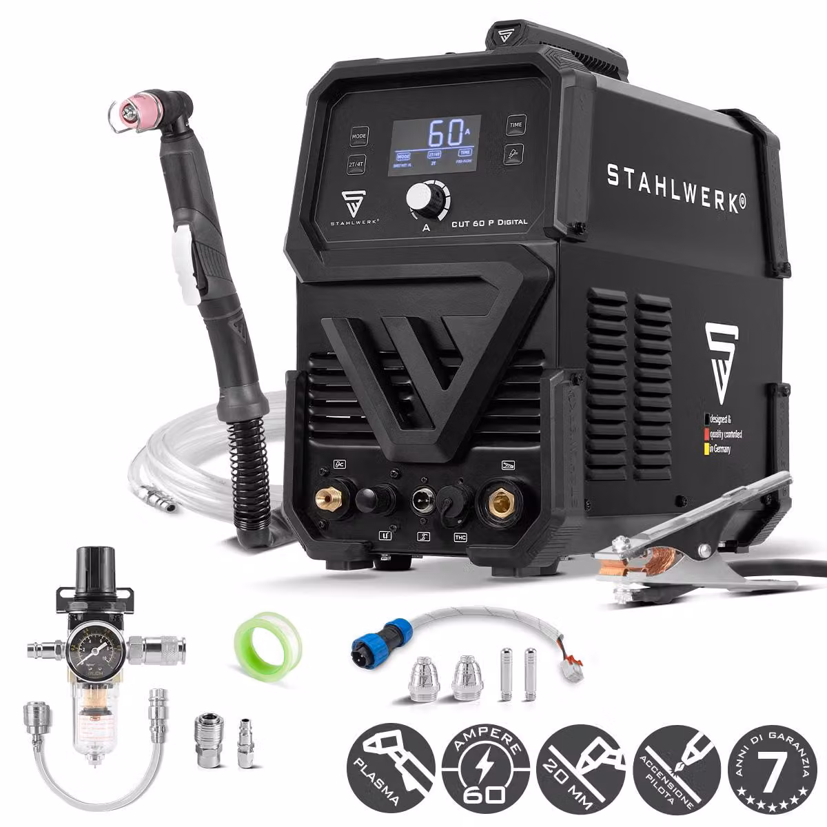 STAHLWERK Taglierina al plasma CUT 60 P Digital - Taglierina al plasma da 60 A, capacità di taglio fino a 20 mm, taglierina al plasma ad inverter con accensione pilotata HF