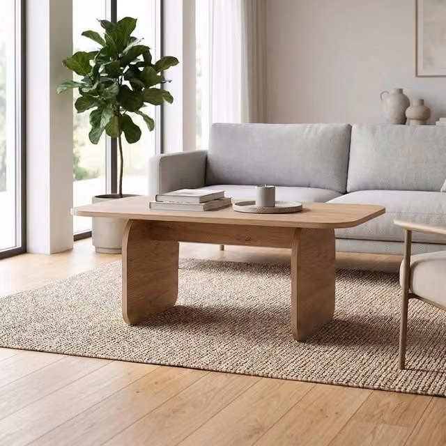 Tavolino da salotto moderno EFFEZE in legno e composito, design rettangolare con gambe a pannello piatto, colore beige e marrone, L: 100 cm, P: 60 cm, H: 41,8 cm – 1