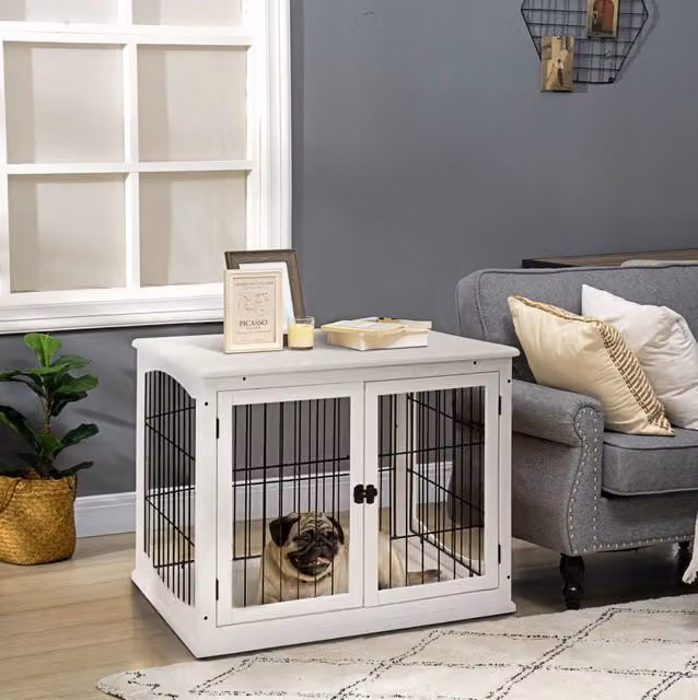 Trasportino per Cani in MDF e Metallo Bianco 81x58,5x66 cm con Doppia Porta, Adatto a Cani di Taglia Piccola e Media