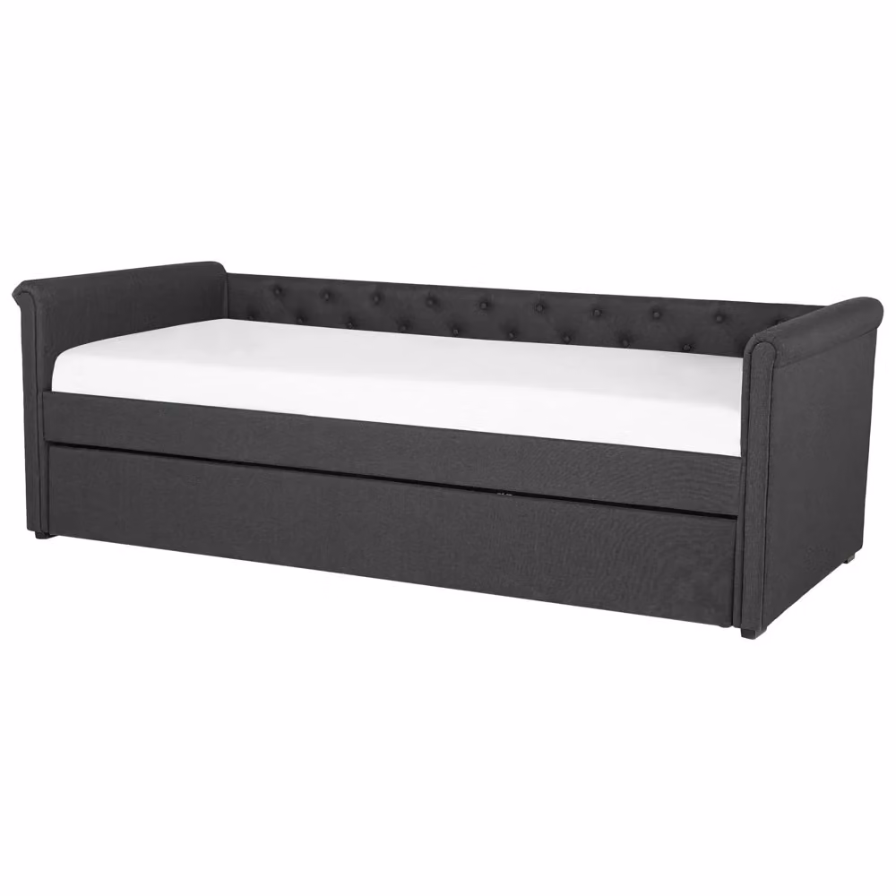 Divano Letto Estraibile Beliani in Stile Chesterfield con Rivestimento in Tessuto Grigio e Struttura in Legno L/P/H: 164 x 80 x 51 cm – 2