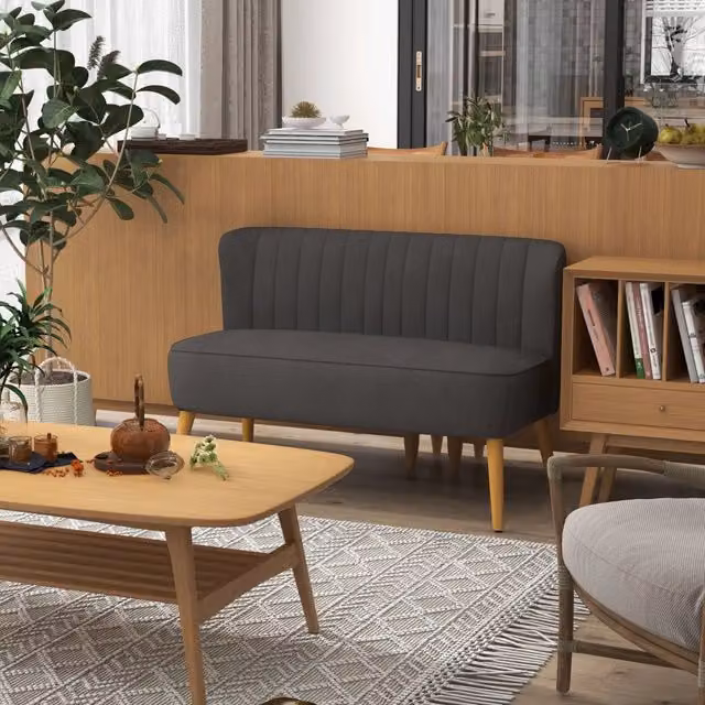 Divano a 2 posti Mivray in tessuto grigio scuro con imbottitura mista e gambe in legno, L: 117 cm, P: 77 cm, H: 56,5 cm