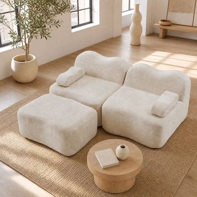 Divano angolare modulare 192x167x70 cm in velluto beige, con 1 ottomano, senza montaggio –
