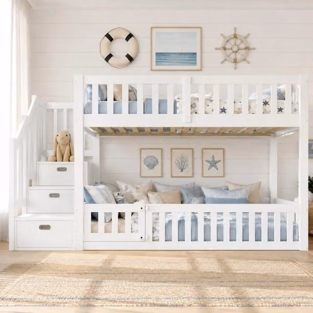 Letto a castello 90x200 cm con scala contenitore; MDF e pino; bianco