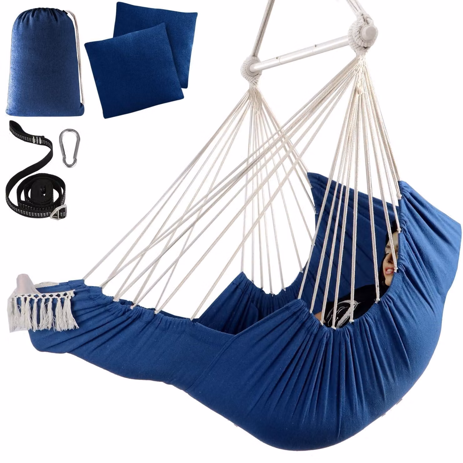Omgoods - Sedia a dondolo sospesa, tipo amaca, con poggiapiedi e cuscini - Include gancio a scatto e sacca portaoggetti, colore blu reale