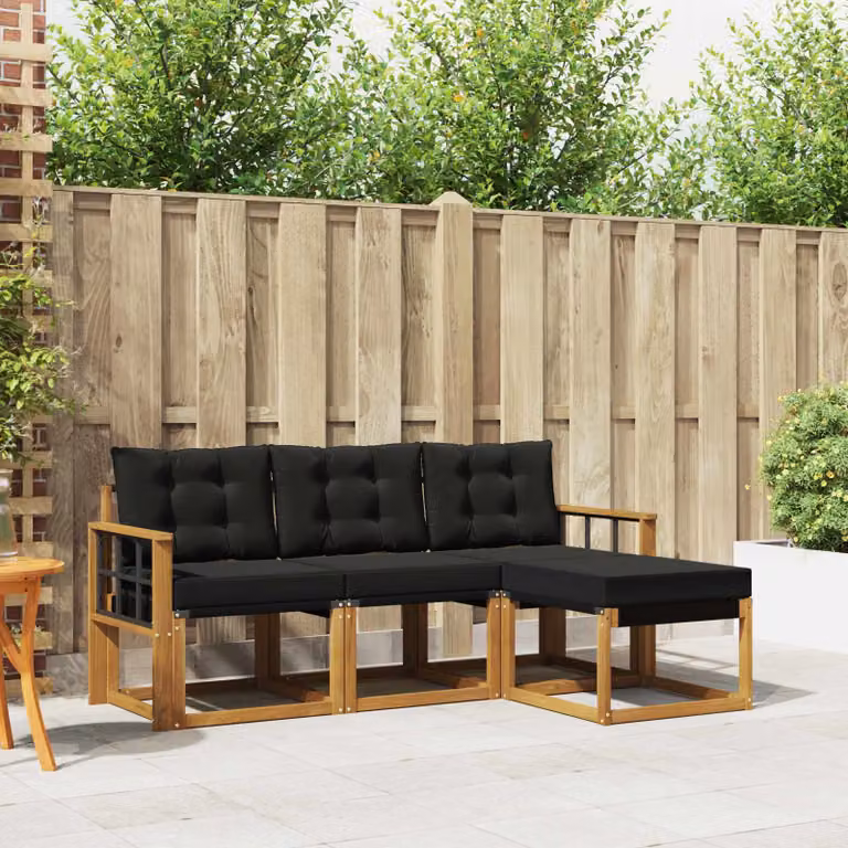 Set di divani da esterno vidaXL a forma di L in legno di acacia con pouf e cuscini, colore marrone e nero