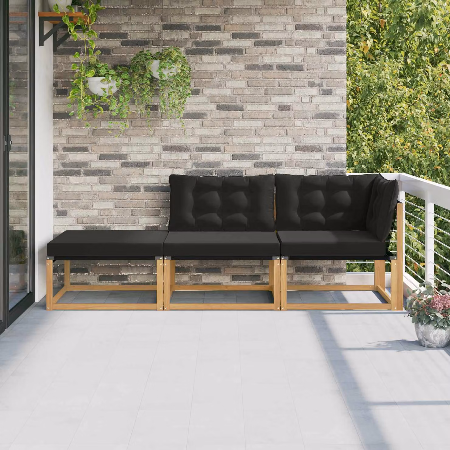 Set di divani da esterno a L vidaXL in legno di acacia con pouf e cuscini imbottiti