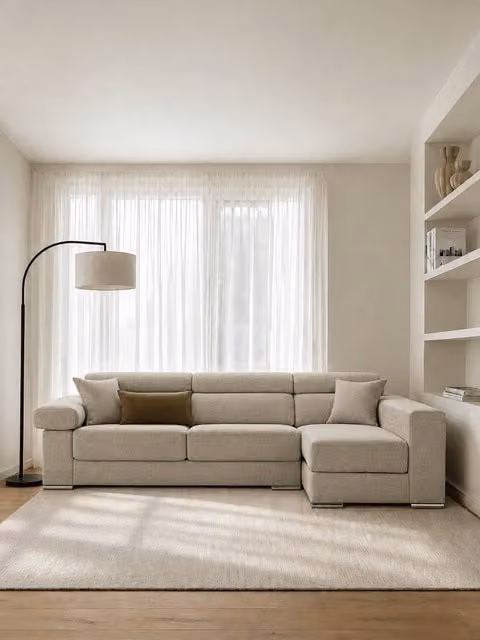 Divano Dolmen Kenay Home con chaise longue destra, 4 posti, reclinabile e con seduta estraibile, colore perla, L: 298 cm