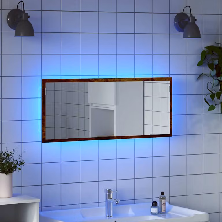 Specchio da bagno con LED vidaXL in legno multistrato rovere fumo, L 100 cm x H 37 cm x P 8,5 cm