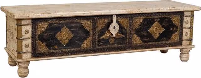 Baule etnico in legno di mango WANDERLUST DECO decorazione floreale beige, nero e oro L: 150 cm, P: 45 cm, H: 45 cm