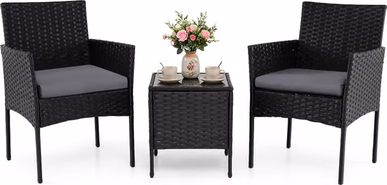 Set di mobili da giardino in polyrattan COSTWAY, 3 pezzi. Mobili da balcone con tavolo da giardino, 2 sedie con cuscini inclusi, salotto da giardino, mobili da terrazza, set da balcone grigio