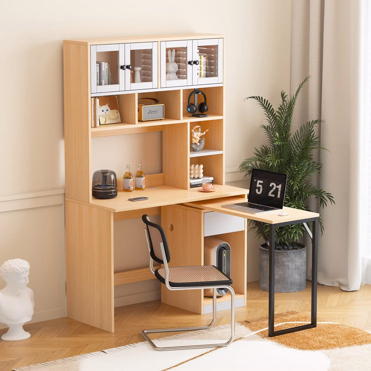 Scrivania girevole Flieks con libreria, scrivania per computer scrivania da lavoro scrivania girevole, libreria con cassetti, 110x55x180,7cm