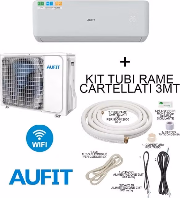 Climatizzatore AUFIT Freedom 12000 BTU + Kit Tubi Rame 3MT Cartellati Condizionatore Inverter R32 Monosplit WIFI