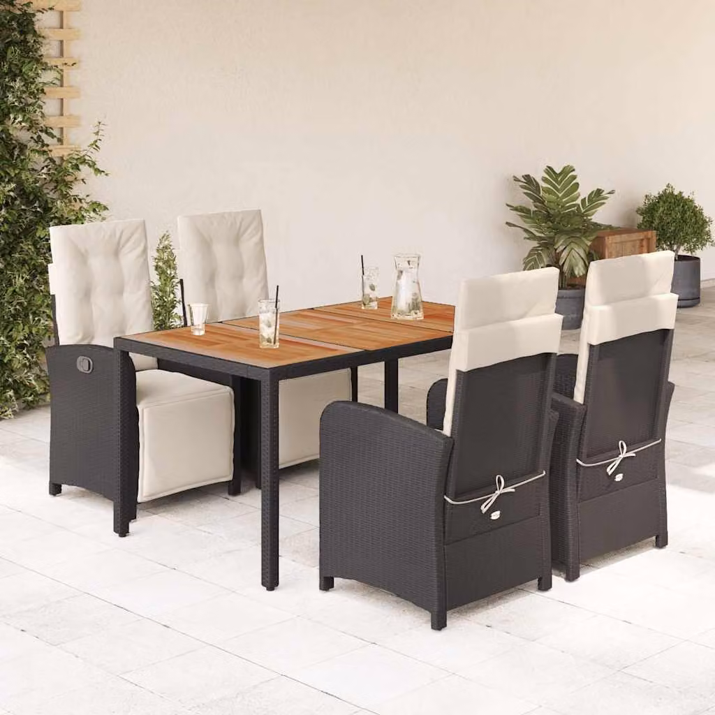 Set da pranzo da giardino vidaXL in polyrattan nero con cuscini e tavolo in legno di acacia