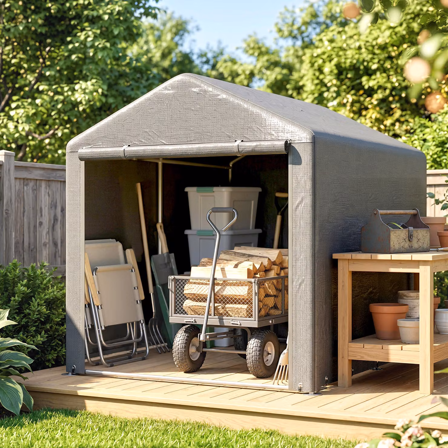 Capanno porta attrezzi e tenda garage Outsunny per bici e moto con copertura anti-UV, L: 2 m, P: 1,6 m, Grigio Chiaro – 2