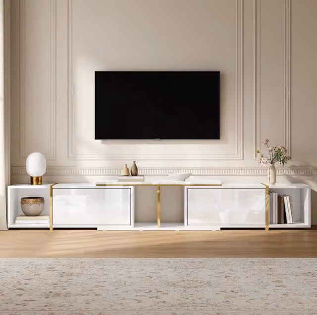 Mobile TV estensibile ULEVR 275x35x37 cm con vani aperti, passacavi e frontali lucidi bianchi