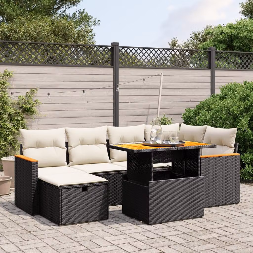 vidaXL Set Divani da Giardino a L in Polyrattan con Cuscini e Tavolino, 7 Pezzi, Nero e Bianco – 1