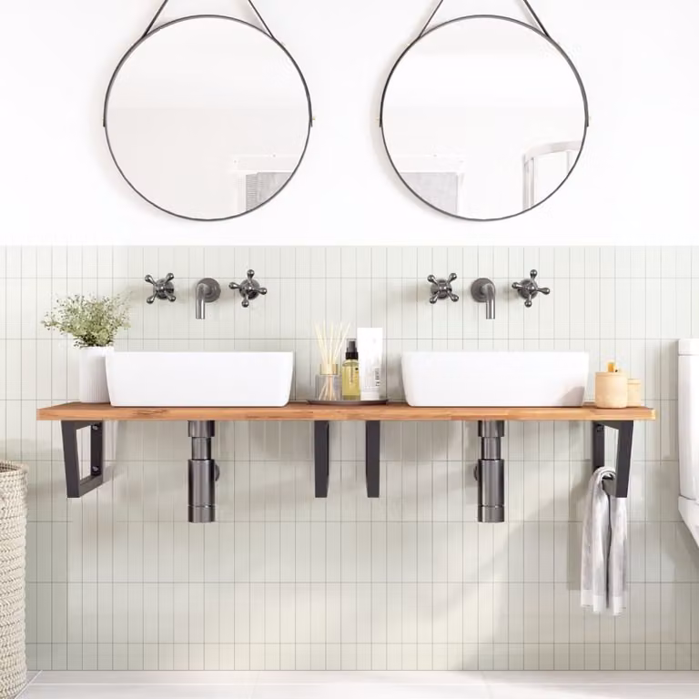 Ripiano a Parete per Lavabo in Acciaio e Massello di Faggio