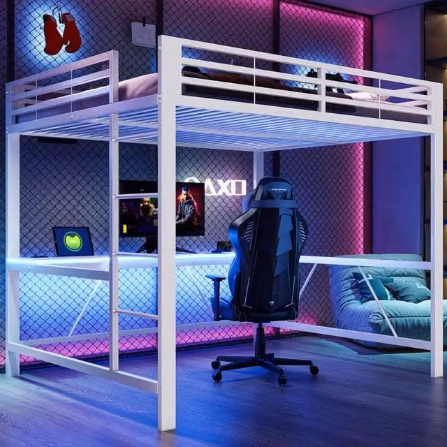 Letto a soppalco 160 × 200 cm con scrivania, illuminazione LED e protezioni rialzate, senza materasso, bianco