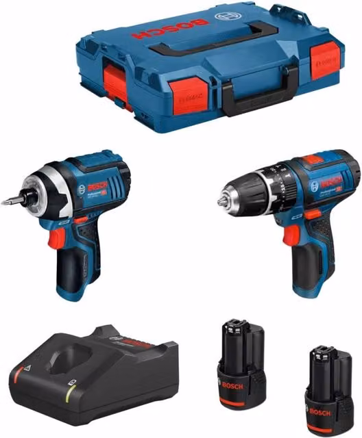Kit Bosch 12V con Trapano Avvitatore GSB 12V-15, Avvitatore a Impatto GDR 12V-10, 2 Batterie da 3,0 Ah, Caricabatterie GAL 12V-40 e L-Boxx 102 – 1