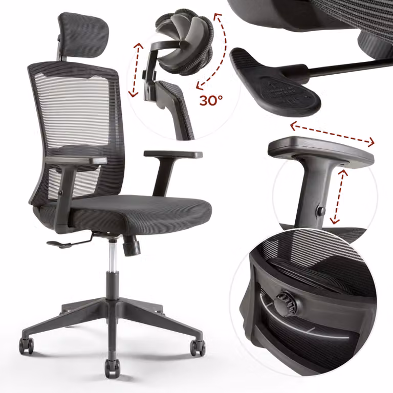 AREBOS Sedia ergonomica per ufficio, sedia da scrivania con poggiatesta regolabile, braccioli, supporto lombare, sedia girevole, adatta alla schiena, 136 kg