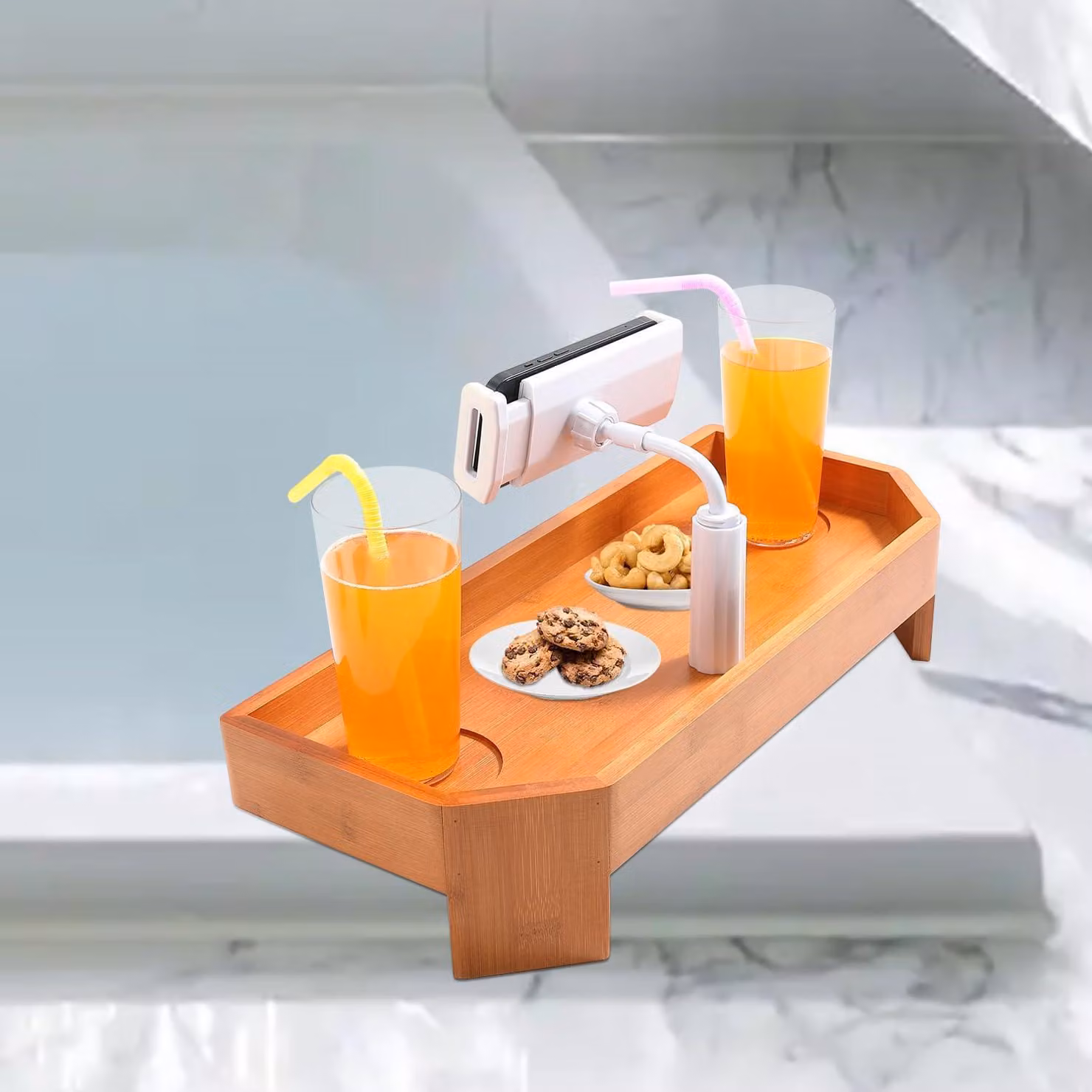 Portaoggetti da bagno in bambù con portabevande e supporto per cellulare, dimensioni 40,6 x 20,3 cm
