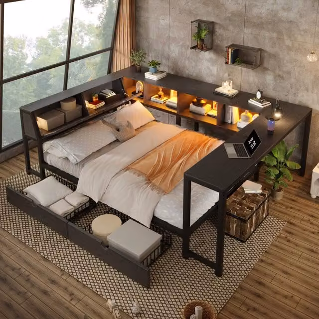 Letto Mivray con cassetti e scrivania integrata, testiera contenitore e illuminazione LED multicolore, nero, L/P/H: 140 x 200 x 168,5 cm