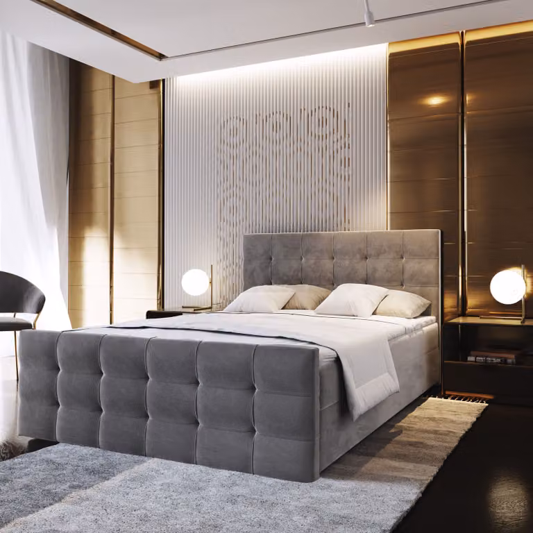 Letto a molle Masseno AMON 160x200 cm completo di materasso e topper Bonell, letto imbottito con cassettiera - grigio, COSMIC 160