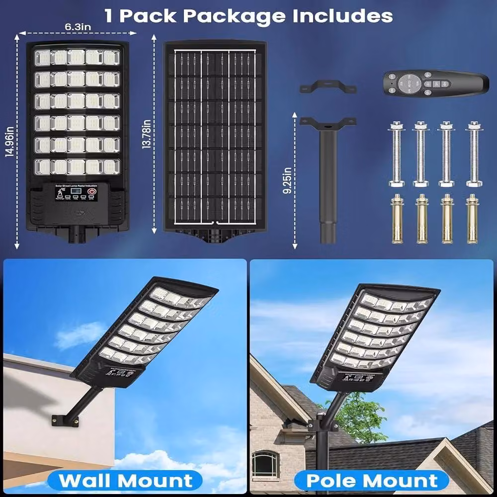 Lampada solare - Lampione a LED - Modello grande - Confezione da 1 - 5 metri - Sensore di luminosità - Regolabile - Grado di protezione IP65