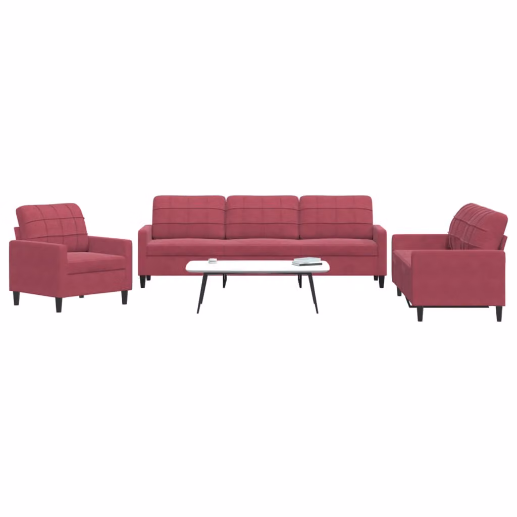 Set di divani 3 pezzi vidaXL in velluto rosso con cuscini e struttura in metallo per soggiorno