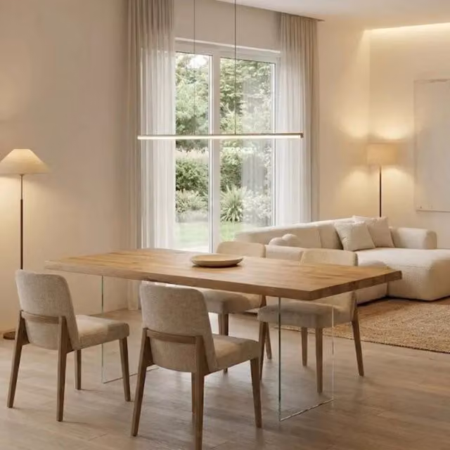 Tavolo da pranzo fisso Forest Duzzle in legno impiallacciato rovere naturale e vetro, design moderno rettangolare, L: 160 cm, P: 90 cm, H: 76 cm – 1