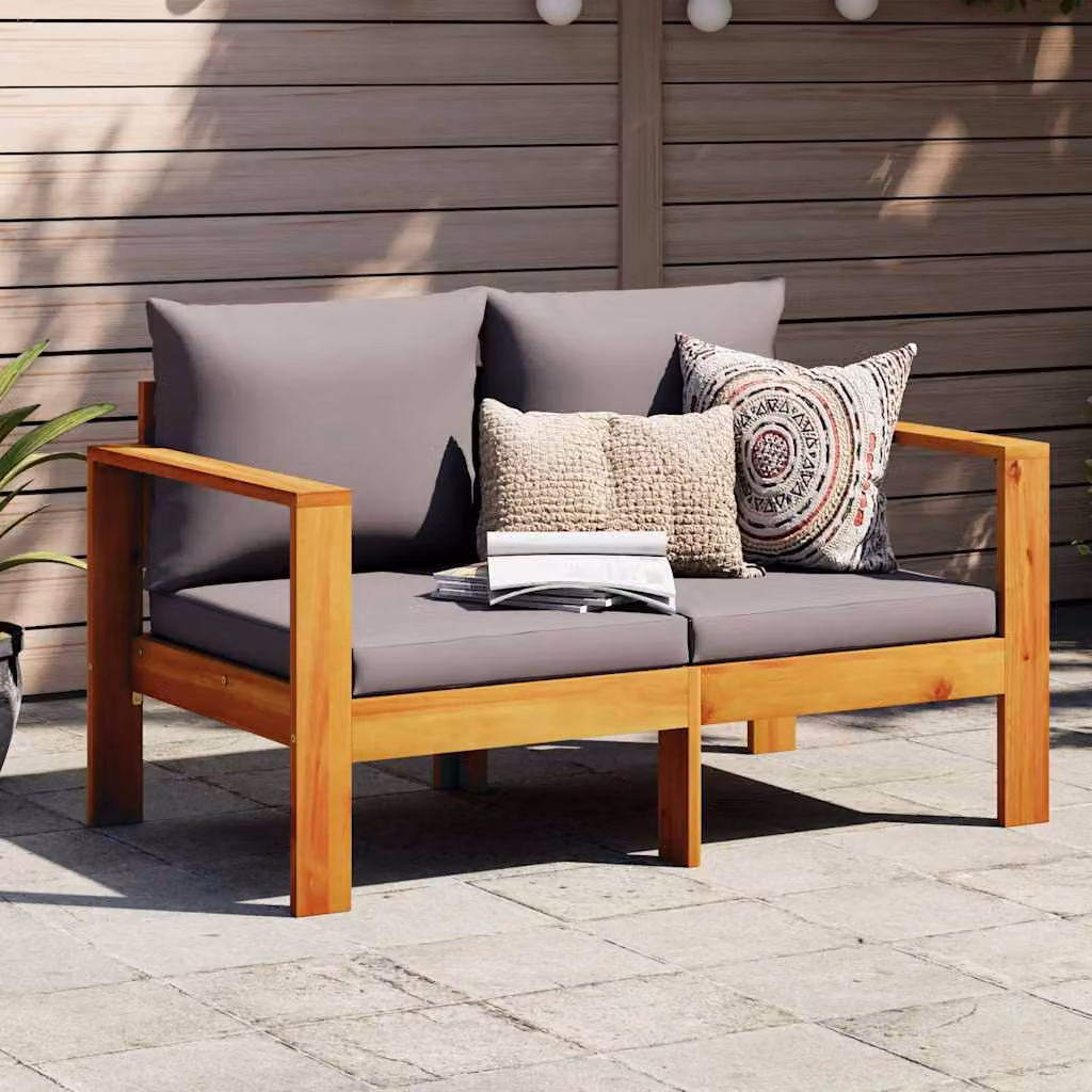 vidaXL Divano da Giardino a 2 Posti in Legno di Acacia Trattato con Cuscini Imbottiti e Rivestimenti Rimovibili, Marrone e Grigio, L: 122 cm, P: 64 cm, H: 68 cm