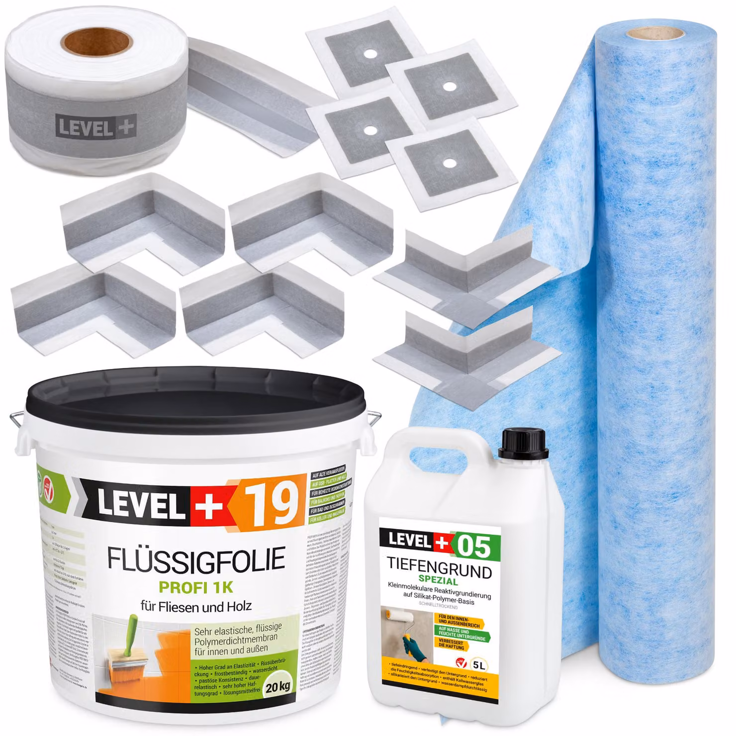 Kit per l'impermeabilizzazione: membrana liquida 20 kg, nastro 20 metri, primer 5 litri, guarnizioni per angoli, tappetino da bagno, modello LEVEL+ SET548