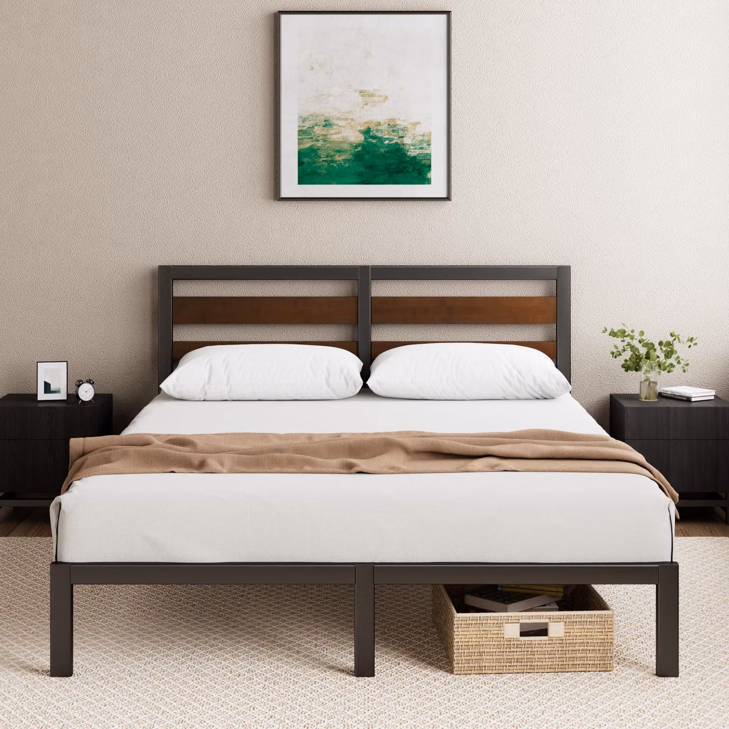 Letto 140x200 cm, struttura in bambù e metallo, con testiera, rete a doghe, altezza 80 cm
