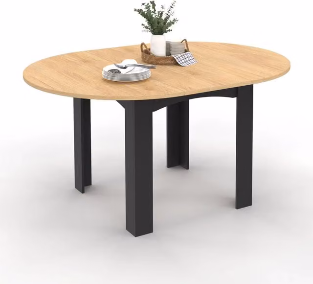 IDMarket Tavolo da pranzo rotondo allungabile DONA per 4-8 persone, piano effetto faggio nero e marrone, stile moderno