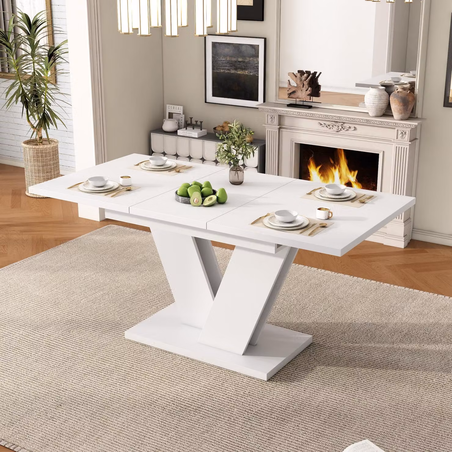 Tavolo da pranzo allungabile Sweiko 120/160x80 cm, adatto per 4-6 persone, tavolo da pranzo rettangolare, piano ispessito, gambe a V, stile semplice, tavolo da pranzo allungabile, bianco