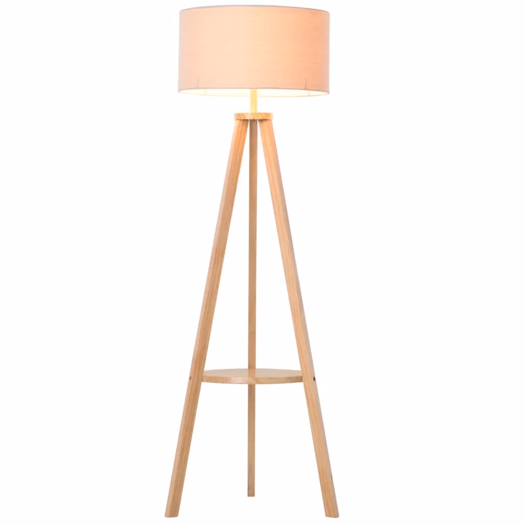 Lampada da terra con treppiede e ripiano XYLO in legno naturale e paralume beige H 154 x L 50 x P 50 cm – 2