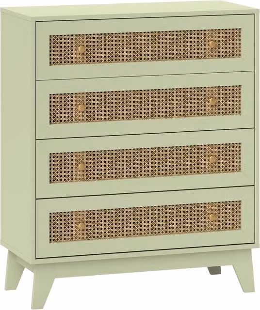 Cassettiera Minimal con 4 Cassetti in Rattan e MDF, Colore Verde e Legno Chiaro, L 80 cm x P 35 cm x H 95 cm