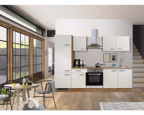 Mobile cucina con elettrodomestici Flex Well Vintea 270 cm colore frontale magnolia opaco colore mobile lancelot rovere