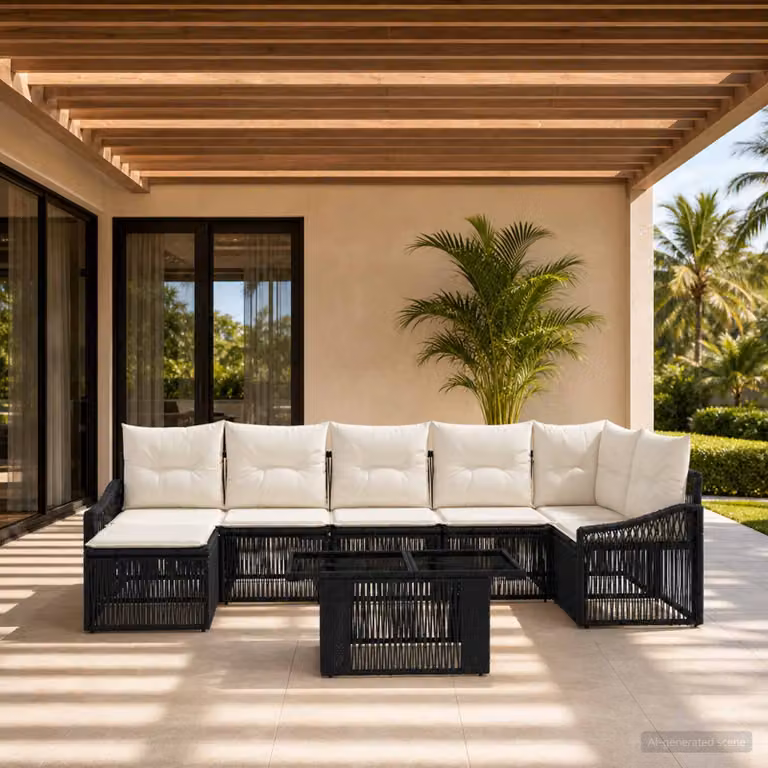 Set Divano da Giardino Moderno vidaXL in Polyrattan 8 Pezzi Nero e Bianco Crema con Cuscini e Tavolino da Esterno