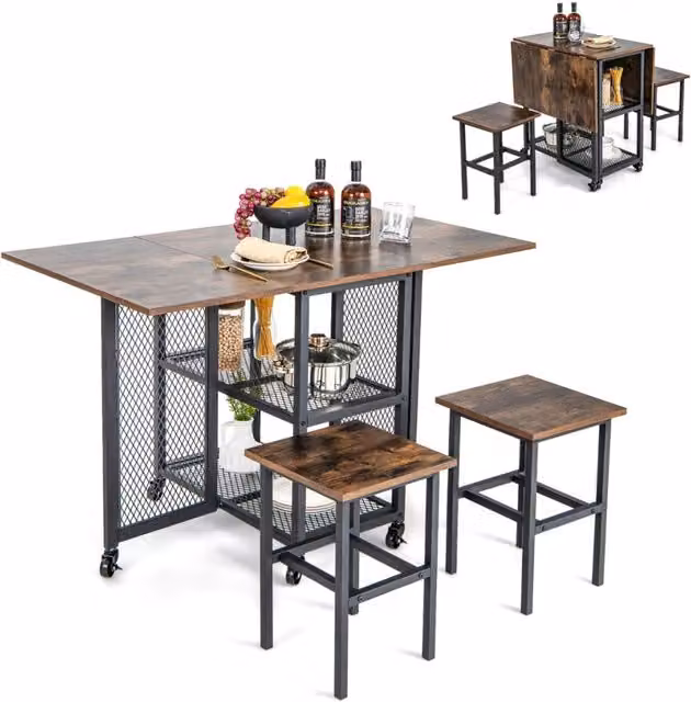 Set di 3 pezzi da pranzo pieghevole con ruote bloccabili, Tavolo da pranzo estendibile con 2 sgabelli Marrone-Tavoli e sedie da pranzo