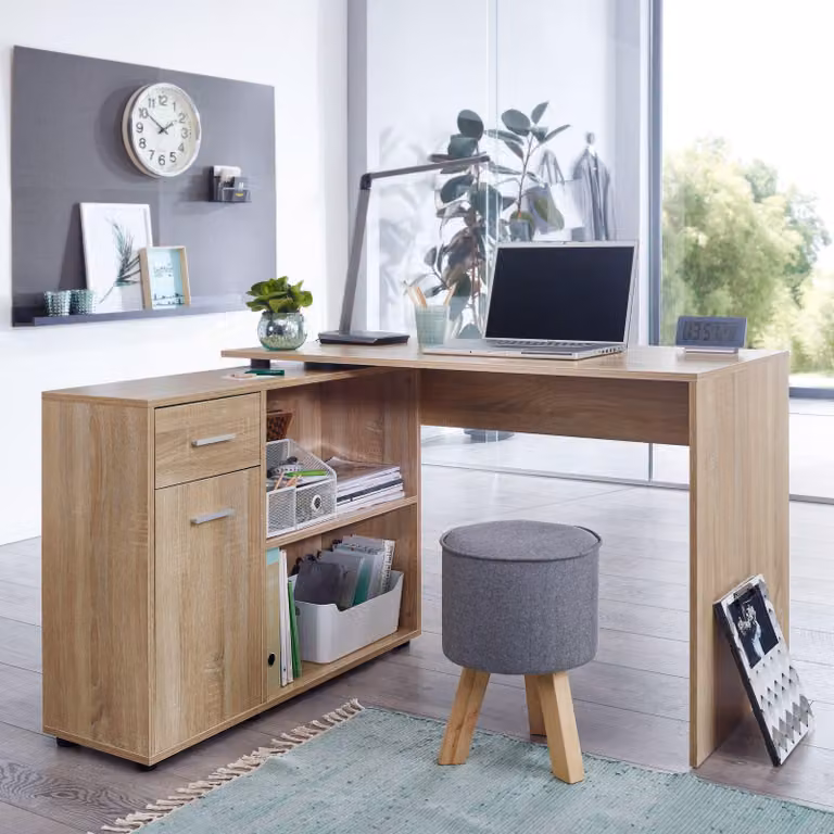 Scrivania angolare design FineBuy, finitura Sonoma, con scaffalio, 120 cm. Scrivania moderna per ufficio, scrivania per computer, scrivania per studio, scrivania angolare, ideale per l'home office