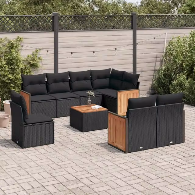 Set Divani da Giardino 9 pz con Cuscini Nero in Polyrattan 3227847