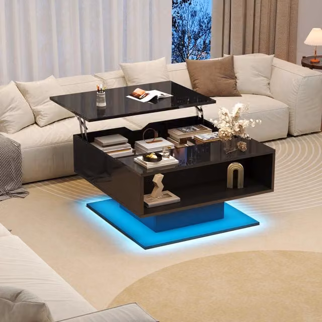 Tavolino da Salotto Nero 80x75x40 cm con Alzata Idraulica, Design Geometrico Lucido, Spazio Contenitore Semiaperto