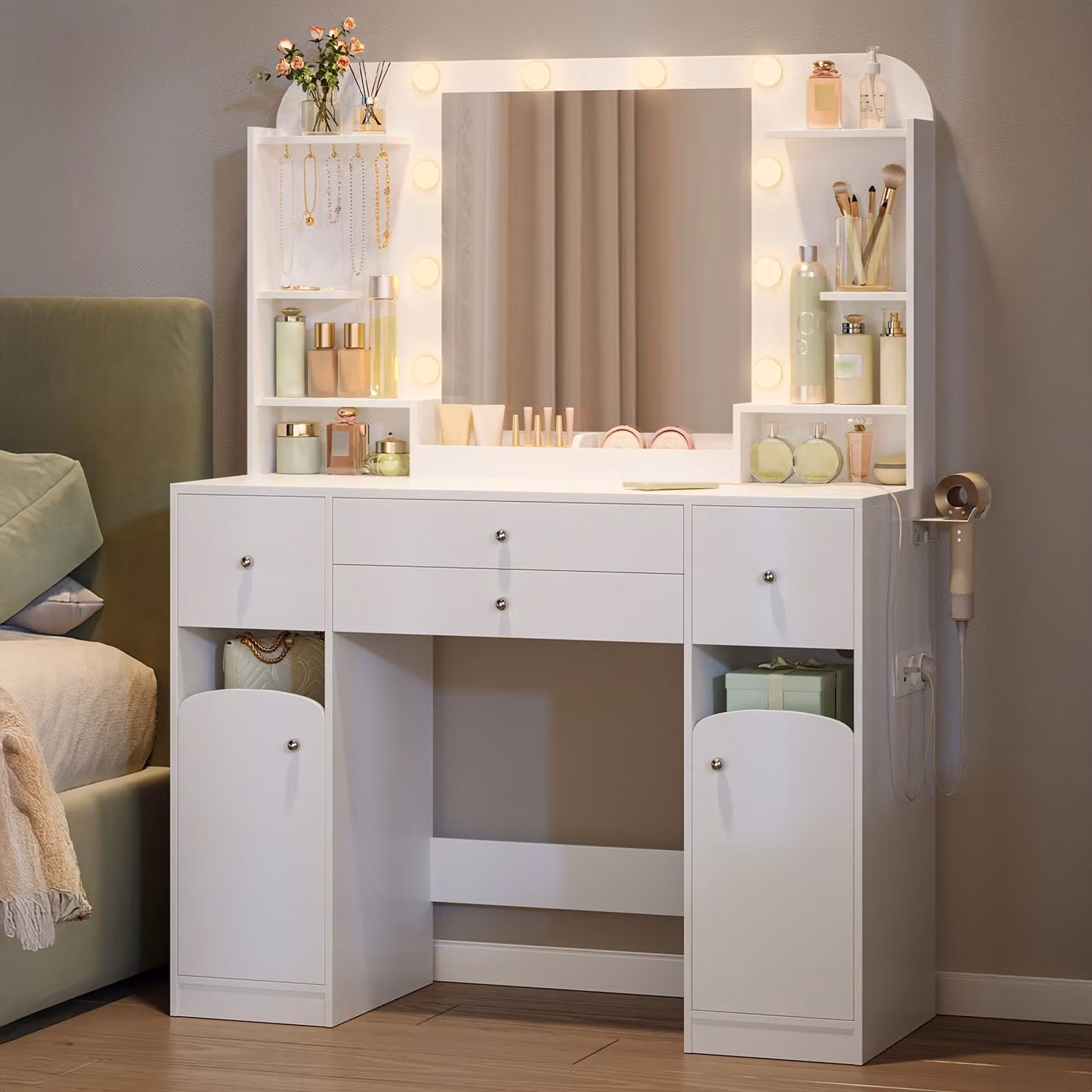 Comò da trucco con illuminazione a LED e supporto per asciugacapelli - Bianco - 108 cm di larghezza, con 2 cassetti e vano per gioielli